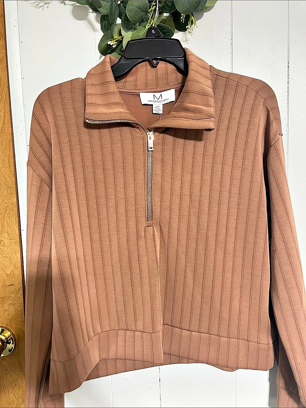 Magaschoni Ribbed Zip Jacket in Brown Size Small Like New